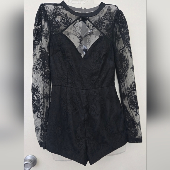 Vince Camuto Pants - Vince Camuto Long Sleeve Black Lace Shorts Romper